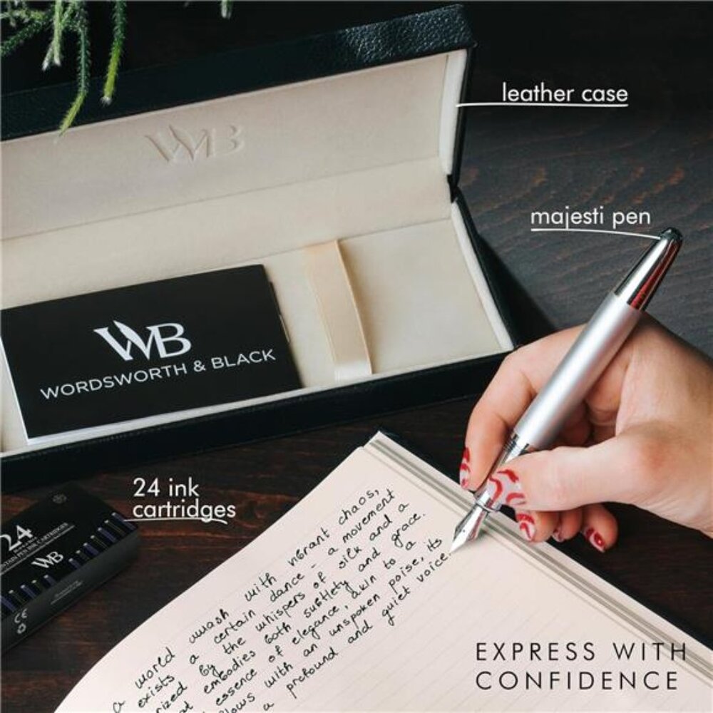 Wordsworth & Black Majesti Fountain Pen-(Silver), Luxury Case, 24K Gold Finish; - Picture 4 of 7